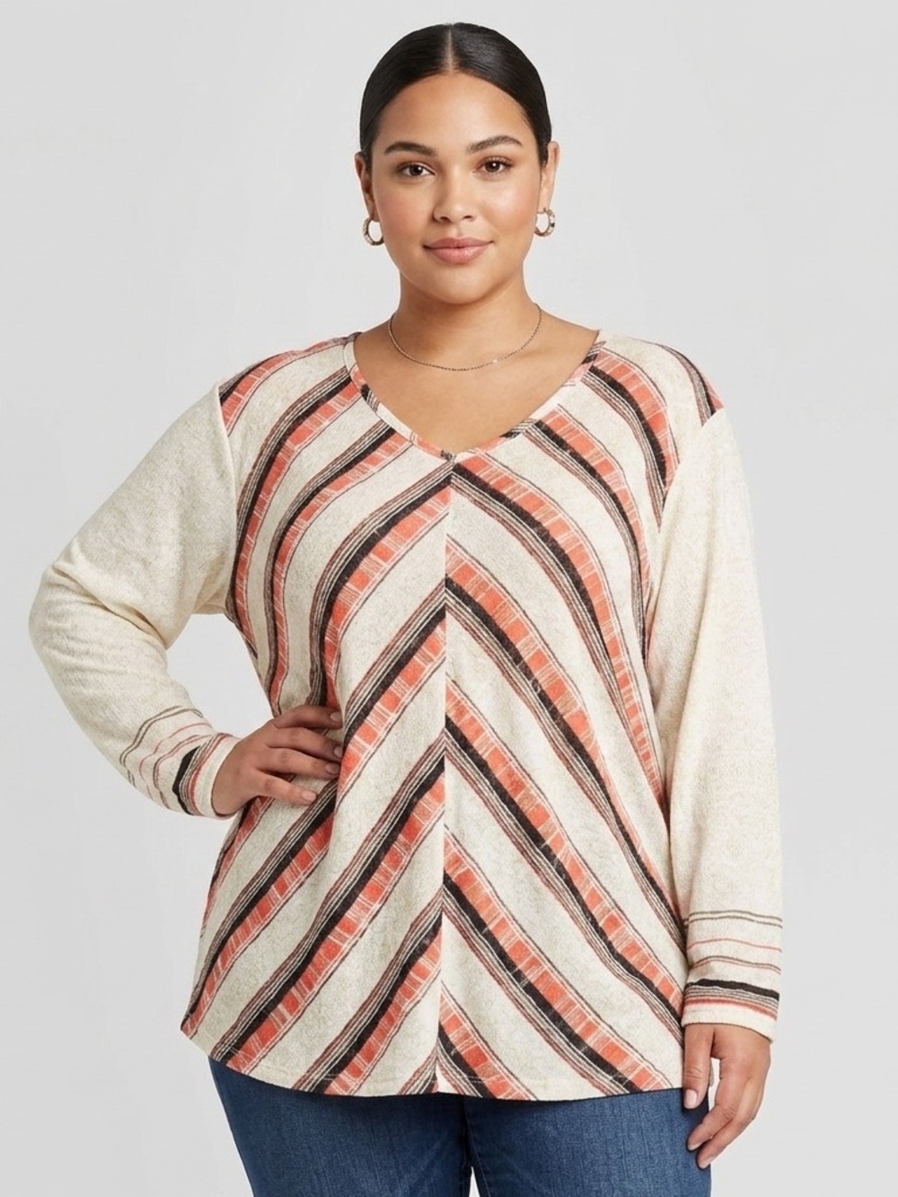 Nic+Zoe Firecracker Top Women's Plus 3X Cream Linen Blend Chevron Stripes Boho
